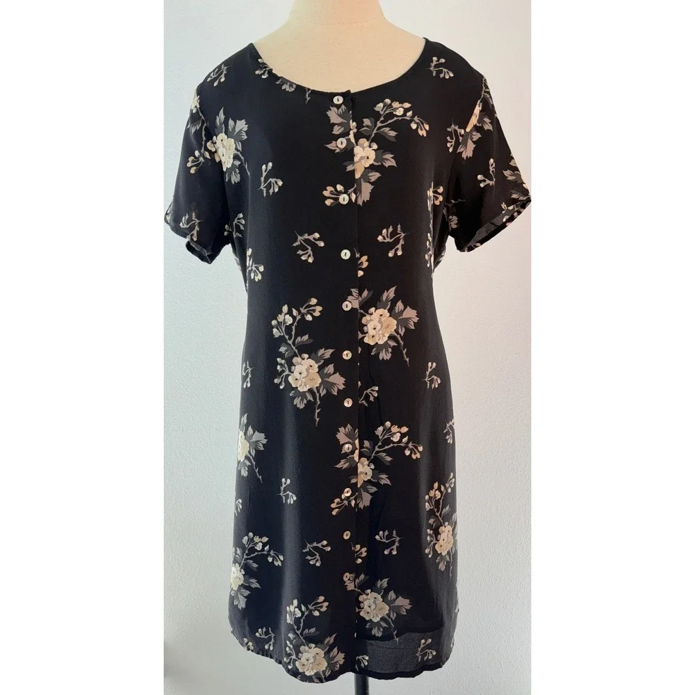 Vintage 90s Valerie Stevens Pure Silk Black Floral Mini Dress Button Front 8 - Picture 2 of 8